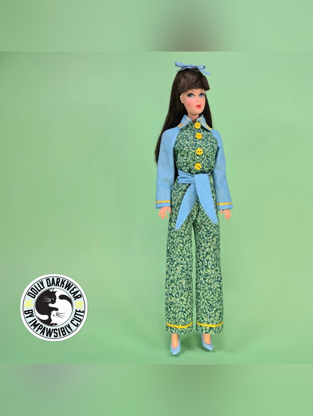 For Vintage Barbie Doll- 1970s Inspired Blue-Green Jumpsuit